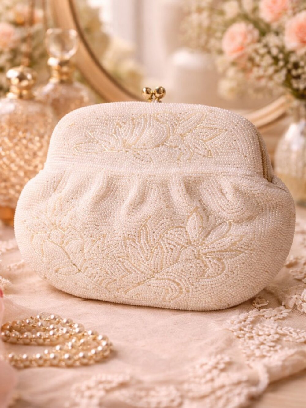 Vintage Japan Beaded Clutch Ivory Floral Evening Bag Kiss Lock Bridal Heirloom - Picture 3 of 8